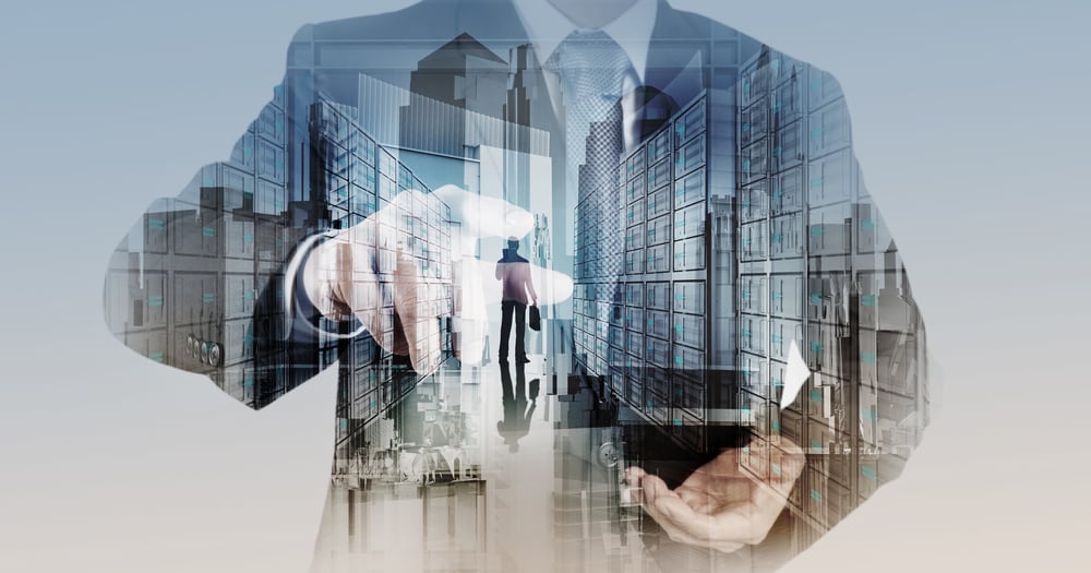 Double exposure of businessman hand showing leader on server background as concept-1